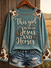 Women's Vintage Western Syle Faith&Horses Lover Printed T-shirt