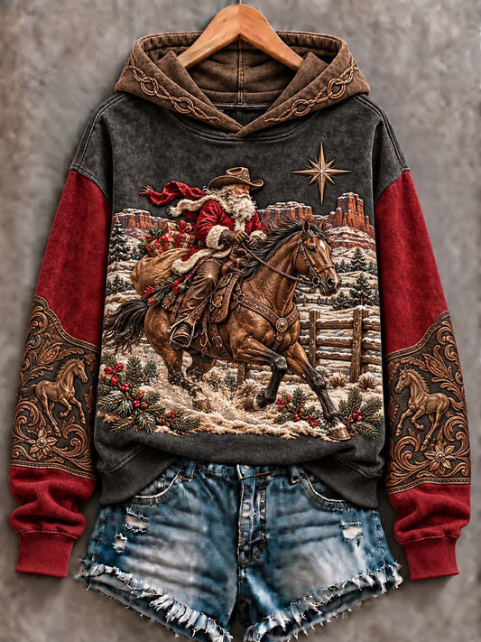 Women's Western Cowboy Christmas Santa Riding Horse Art  Hoodie