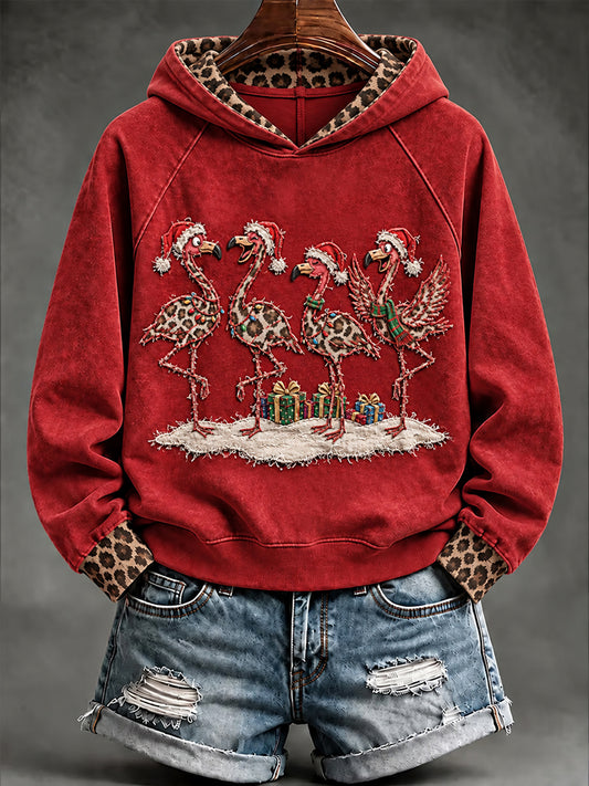 Women's Christmas Leopard Flamingos Print Casual Hoodie