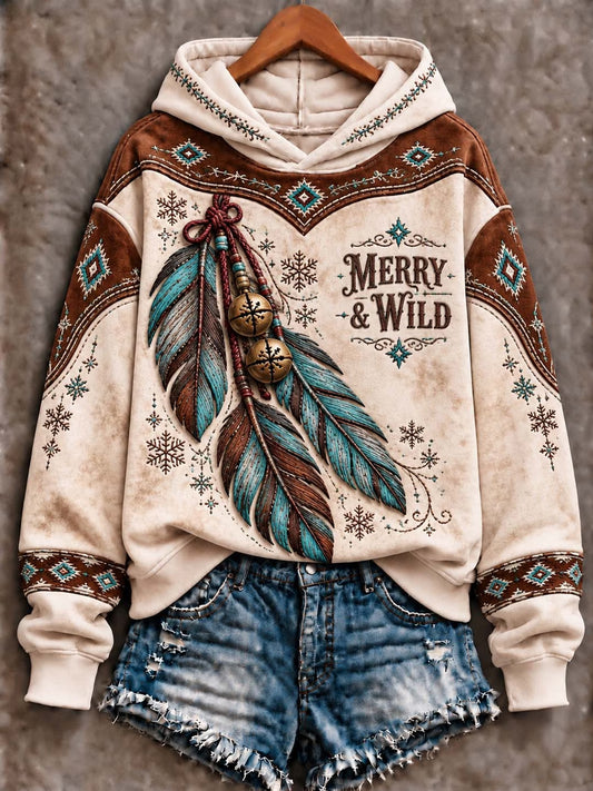 Women's Western Christmas "Merry & Wild" Turquoise Feathers & Jingle Bells Boho Art  Hoodie