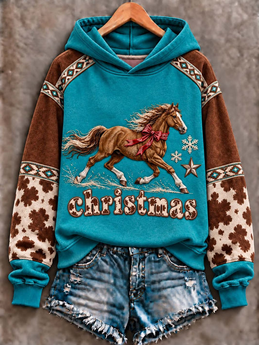 Women's Western Cowboy Christmas Horse & Turquoise  Hoodie