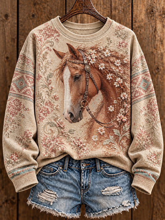 Women's Vintage Western Style Horses Lover Printed Sweatshirt