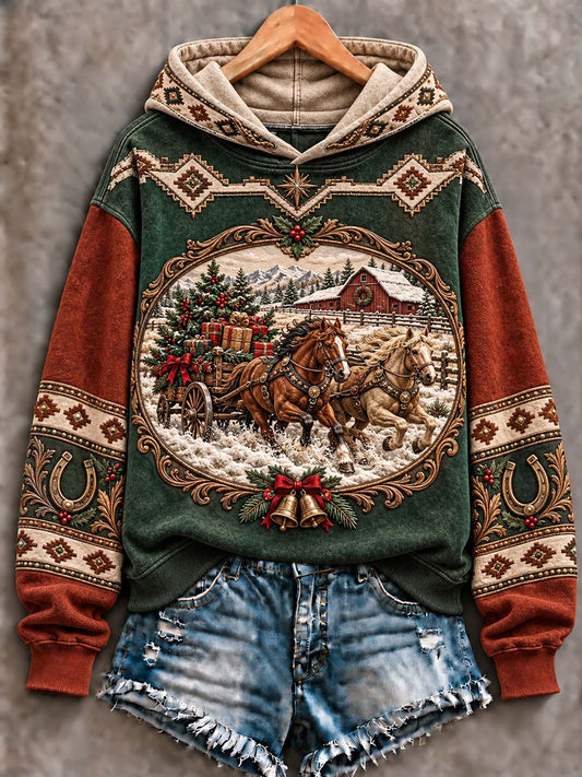 Women's Western Cowboy Christmas Horse Art Hoodie