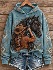 Women's Vintage Western Syle Horses Lover Printed Hoodie