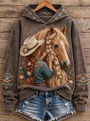Women's Vintage Western Syle Horses Lover Printed Hoodie