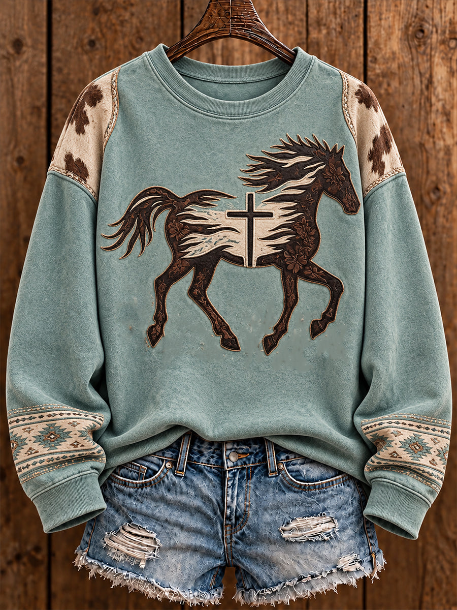 Women's Western Style Faith Lover Horses Christian Printed Sweatshirt