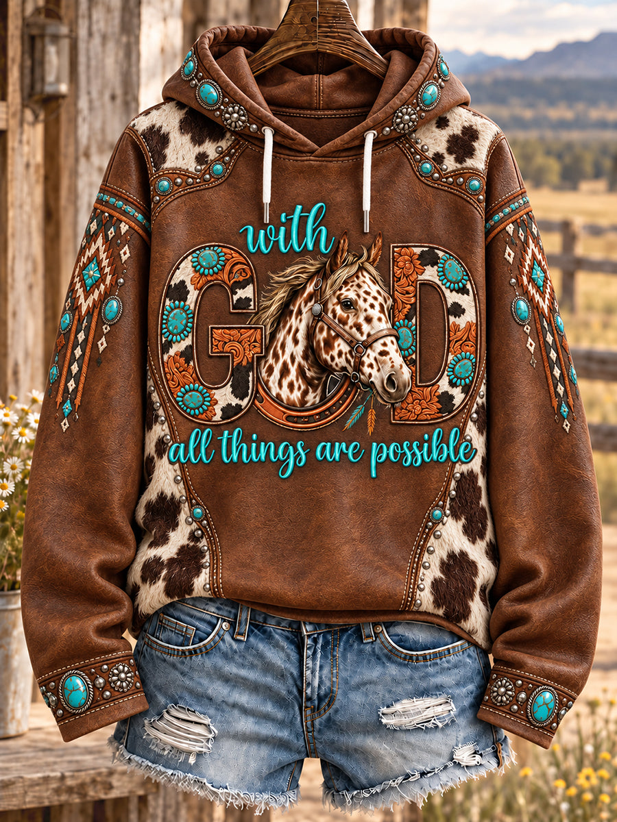 Women's Western Style Faith Lover Horses Christian Printed Hoodie
