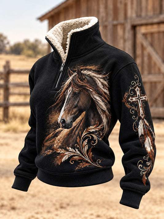 Women's Western Horse Art Print Fur Collar Top