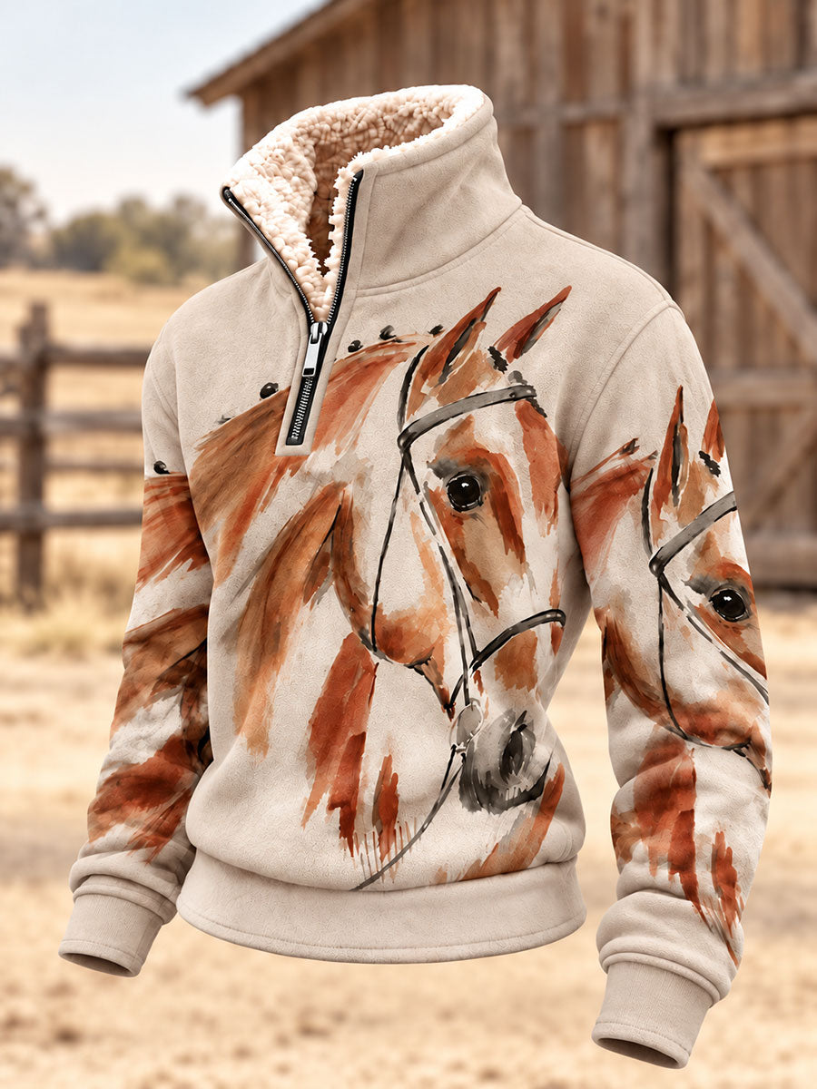 Women's Western Horse Art Print Fur Collar Top