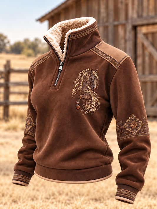 Women's Western Horse Art Print Fur Collar Top