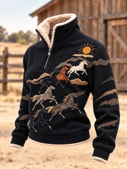 Women's Western Horse Art Print Fur Collar Top