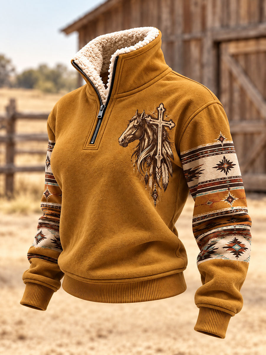 Women's Western Horse Art Print Fur Collar Top