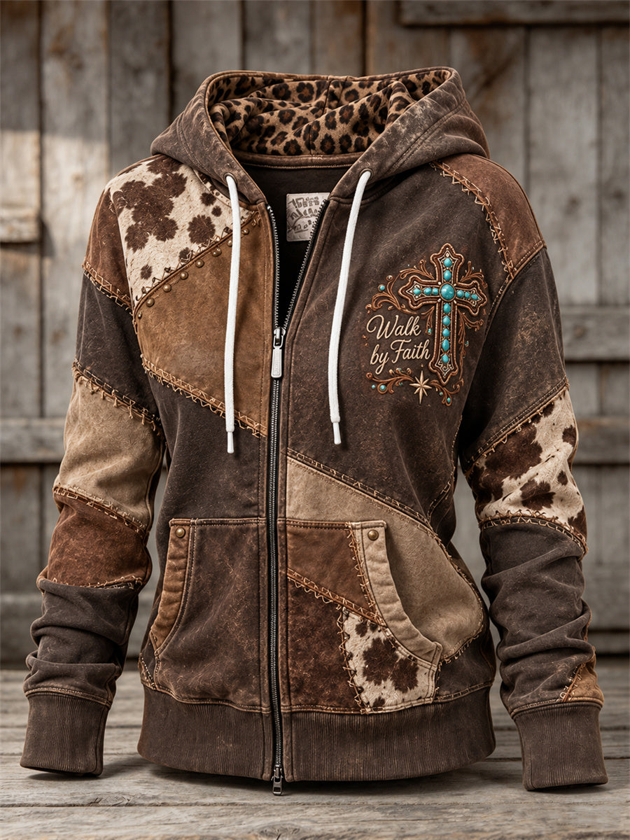 Women's Walk by Faith Western Turquoise Cross Cowhide Leopard Print Full Zip Hoodie