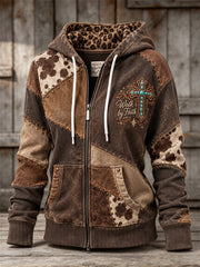 Women's Walk by Faith Western Turquoise Cross Cowhide Leopard Print Full Zip Hoodie