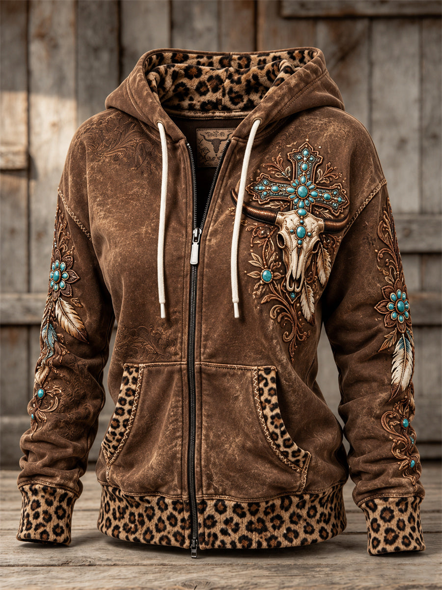 Women's Vintage Western Turquoise Cross & Bull Skull Leopard Print Full Zip Hoodie