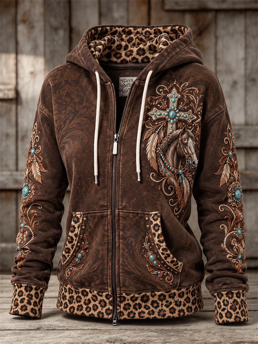 Women's Vintage Western Turquoise Cross & Horse Leopard Print Full Zip Hoodie