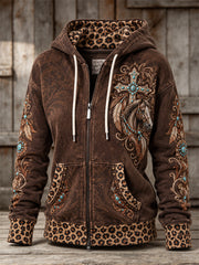 Women's Vintage Western Turquoise Cross & Horse Leopard Print Full Zip Hoodie