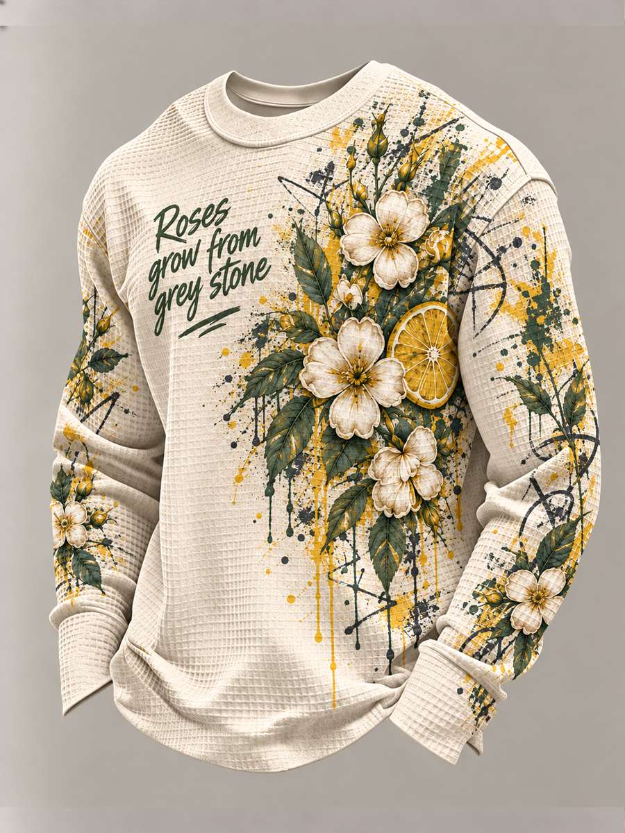 Men's Lemon Roses Music Lover Printed Waffle Sweatshirt