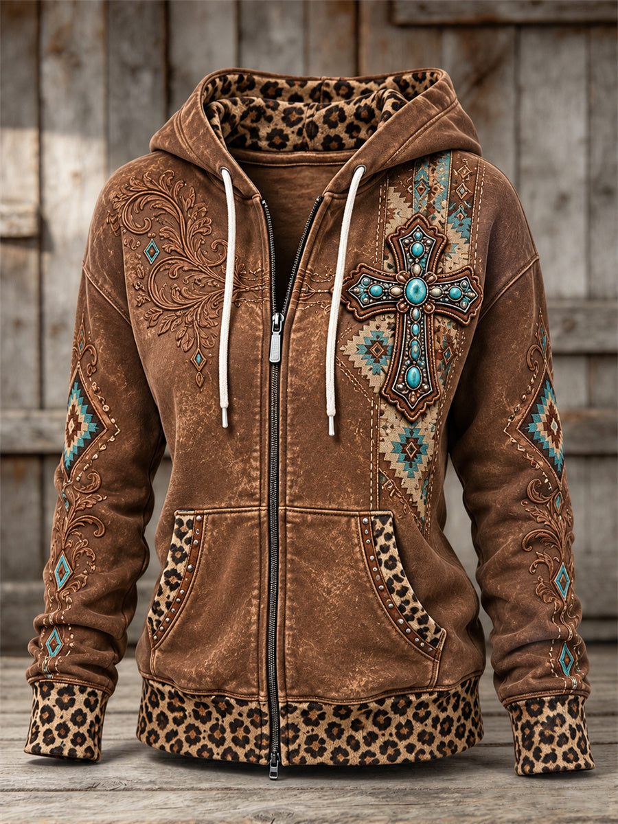 Women's Vintage Western Turquoise Cross Aztec Leopard Print Full Zip Hoodie