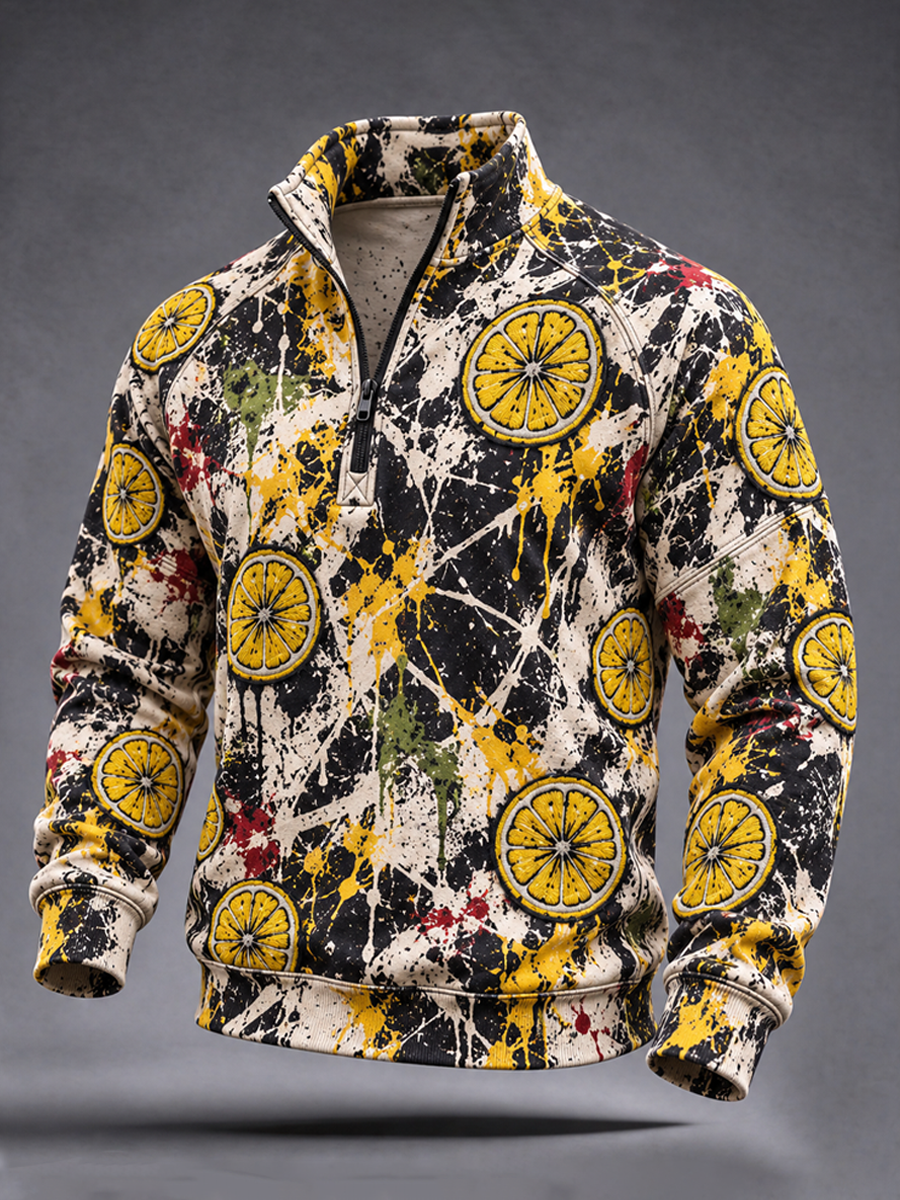 Men's Lemon Roses Music Lover Printed Zip-Up Hoodie