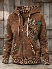 Women's Vintage Western Turquoise Cross & Horse Leopard Print Full Zip Hoodie