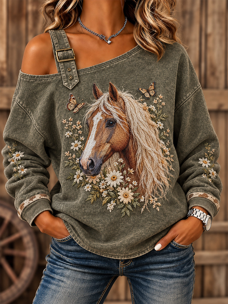 Women's Vintage Western Style Horses&Floral Art Printed Sweatshirt