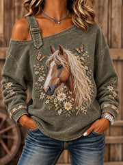 Women's Vintage Western Style Horses&Floral Art Printed Sweatshirt