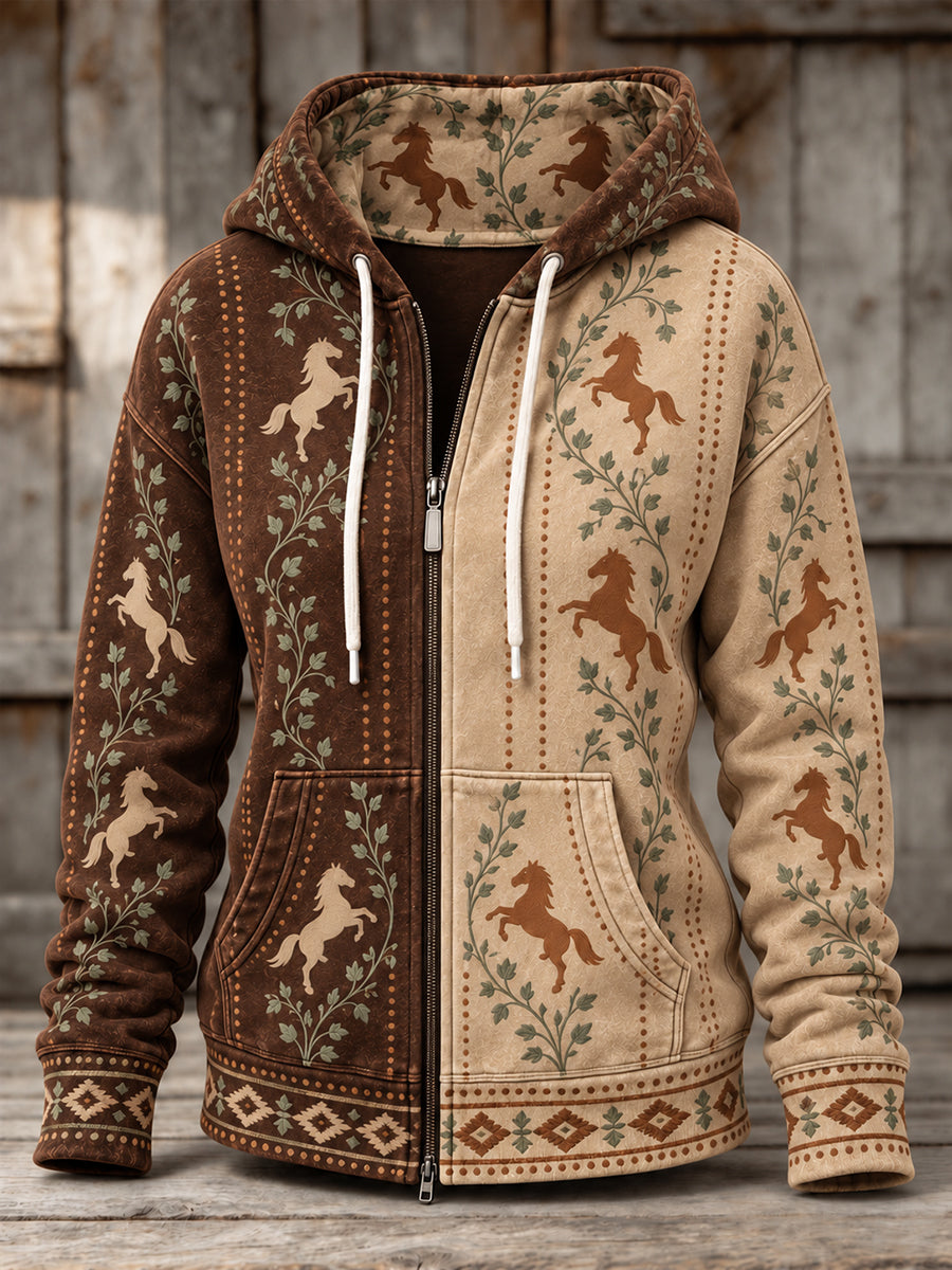 Women's Vintage Western Style Horses&Floral Art Printed Coat