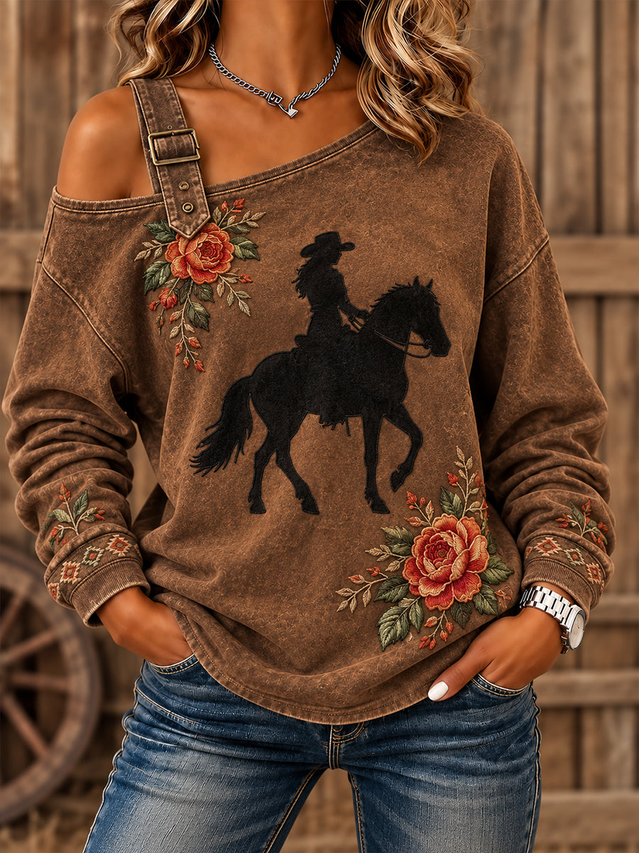 Women's Vintage Western Style Horses&Floral Art Printed Sweatshirt