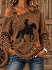 Women's Vintage Western Style Horses&Floral Art Printed Sweatshirt
