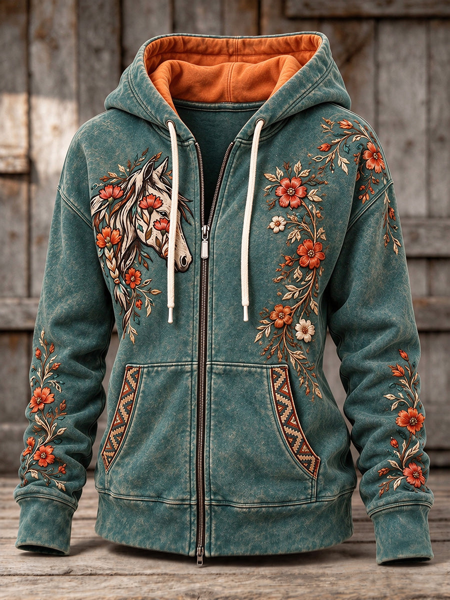 Women's Vintage Western Style Horses&Floral Art Printed Coat
