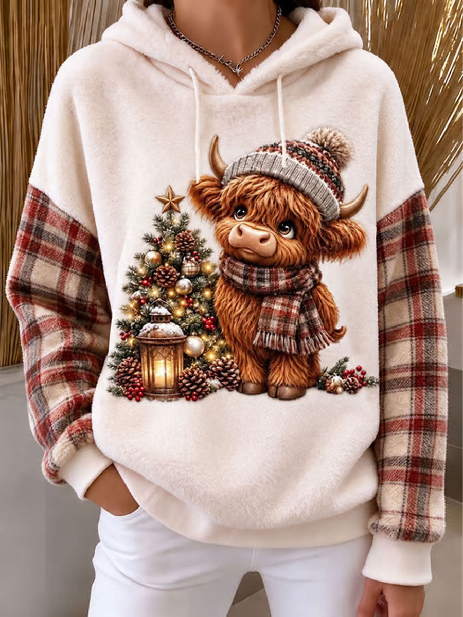 Women's Highland Cow Christmas Print Flannel Hoodie