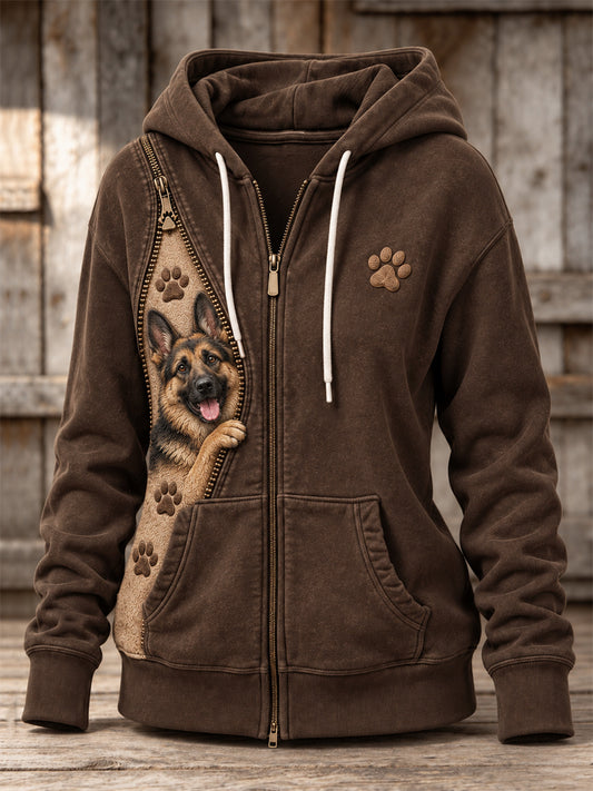 Women's Peeking German Shepherd Dog & Paw Prints Zipper Contrast Print Full Zip Hoodie