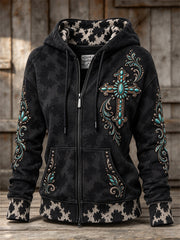 Women's Western-Style Cross Pattern Cow Print Casual Zip-Up Hoodie