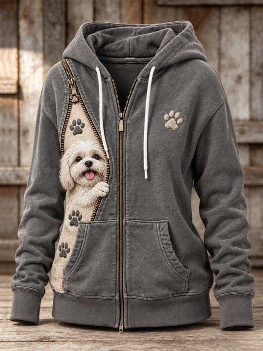 Women's Peeking Maltese Dog & Paw Prints Zipper Contrast Print Full Zip Hoodie