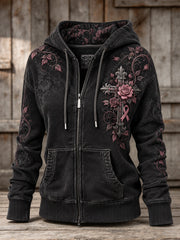 Women's Cross And Pink Charity Ribbon Pattern Casual Zip-Up Hoodie