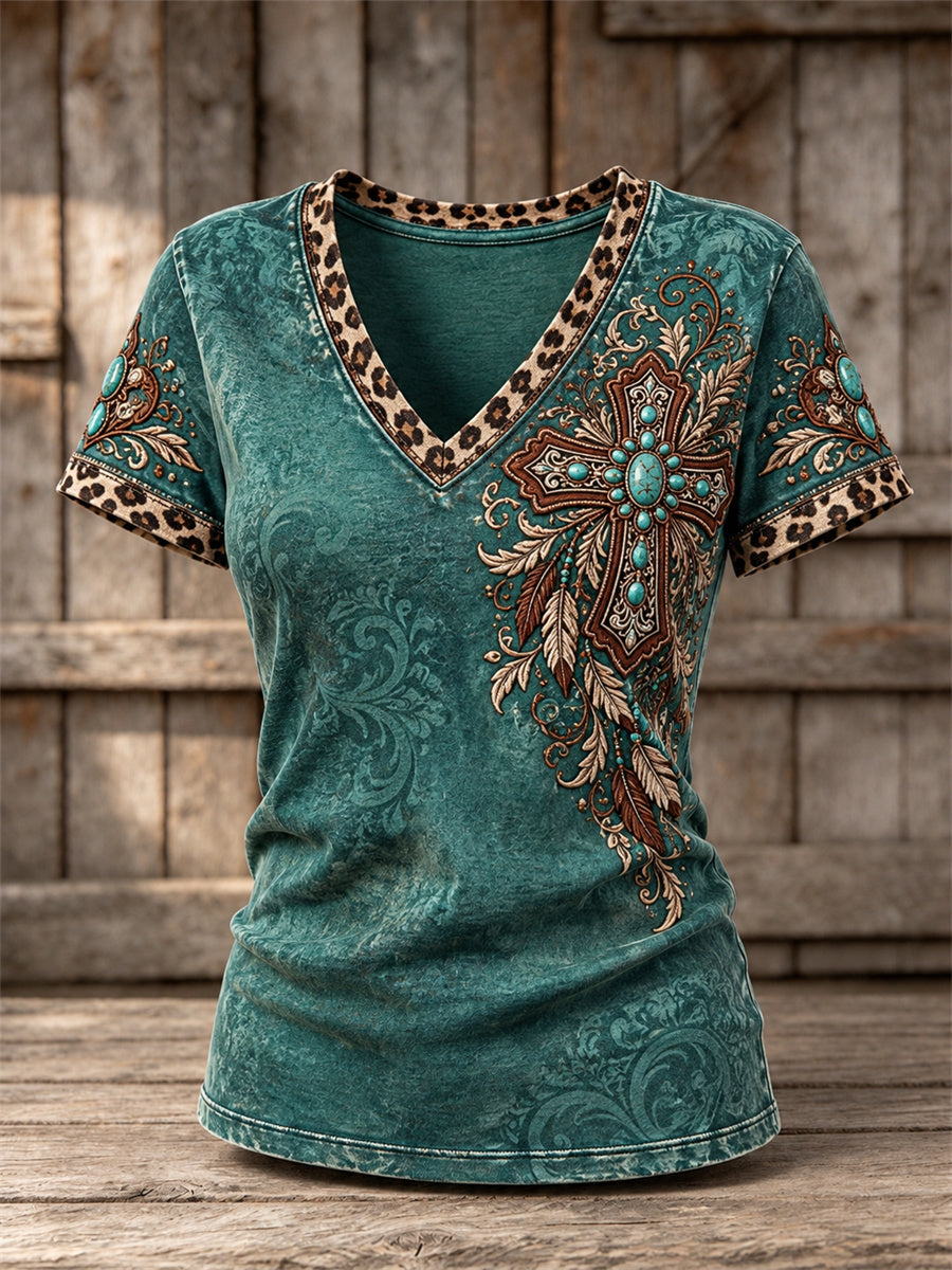 Women's Vintage Western Turquoise Cross Leopard Print short-sleeved T-shirt