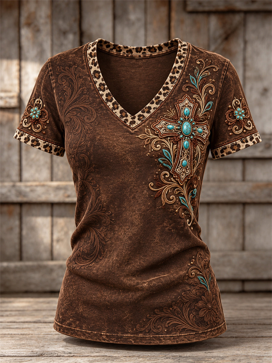 Women's Vintage Western Turquoise Cross Leopard Print short-sleeved T-shirt