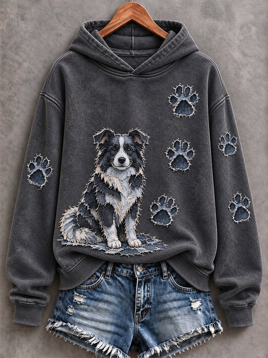 Women's Border Collie & Paw Prints Patchwork Print Casual Hoodie