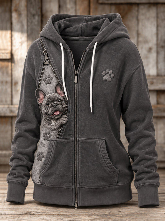 Women's Peeking French Bulldog & Paw Prints Zipper Contrast Print Full Zip Hoodie