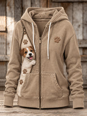 Women's Peeking Jack Russell Dog & Paw Prints Zipper Contrast Print Full Zip Hoodie