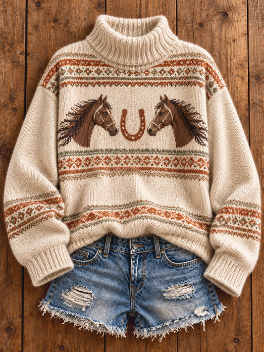 Women's Vintage Western Style Horses Lover Art Printed Sweater