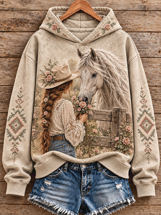 Women's Vintage Western Style Horses Lover Art Printed Sweatshirt