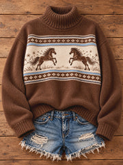 Women's Vintage Western Style Horses Lover Art Printed Sweater