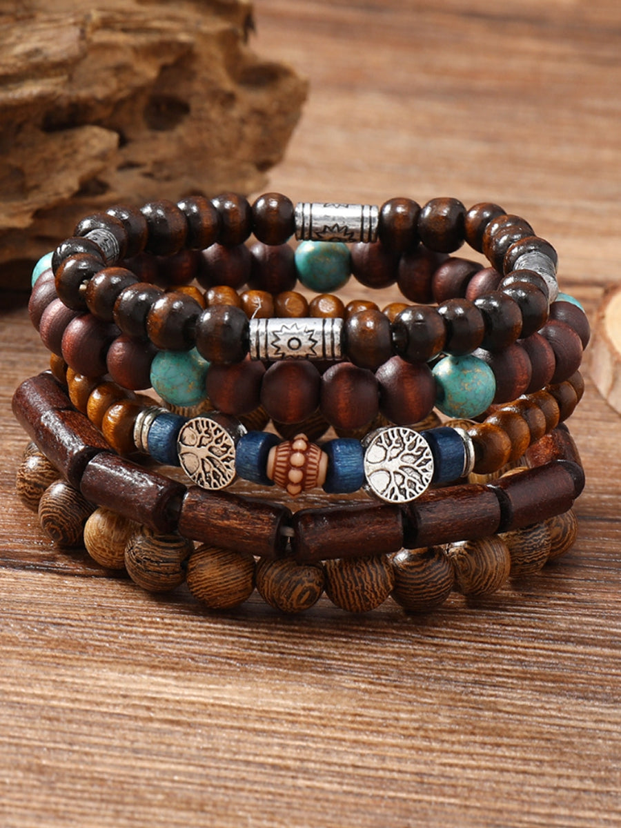 Women's Bohemian Ethnic Style Tassel Tree of Life Pendant Multi-layer Wooden Bead Bracelet