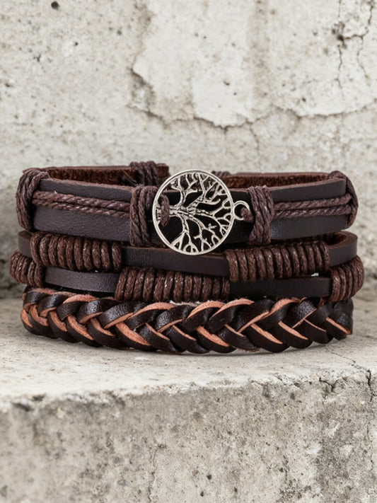 Men's Tree of Life Vintage Woven Personalized Leather Bracelet Three-Piece Set