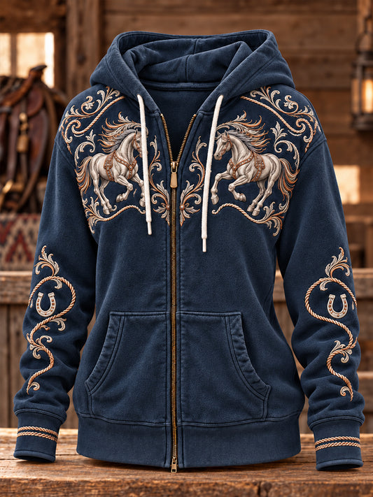 Women's Retro Western Horse Zip-Up Hoodie
