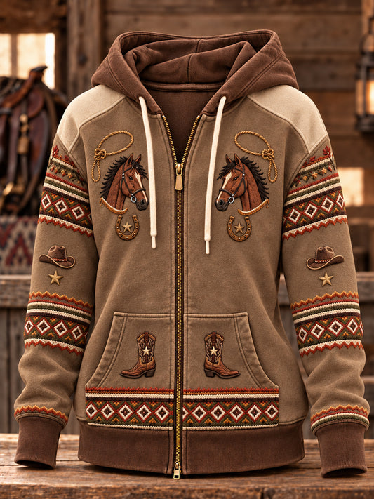 Women's Retro Western Horse Zip-Up Hoodie