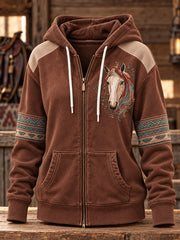 Women's Retro Western Horse Zip-Up Hoodie