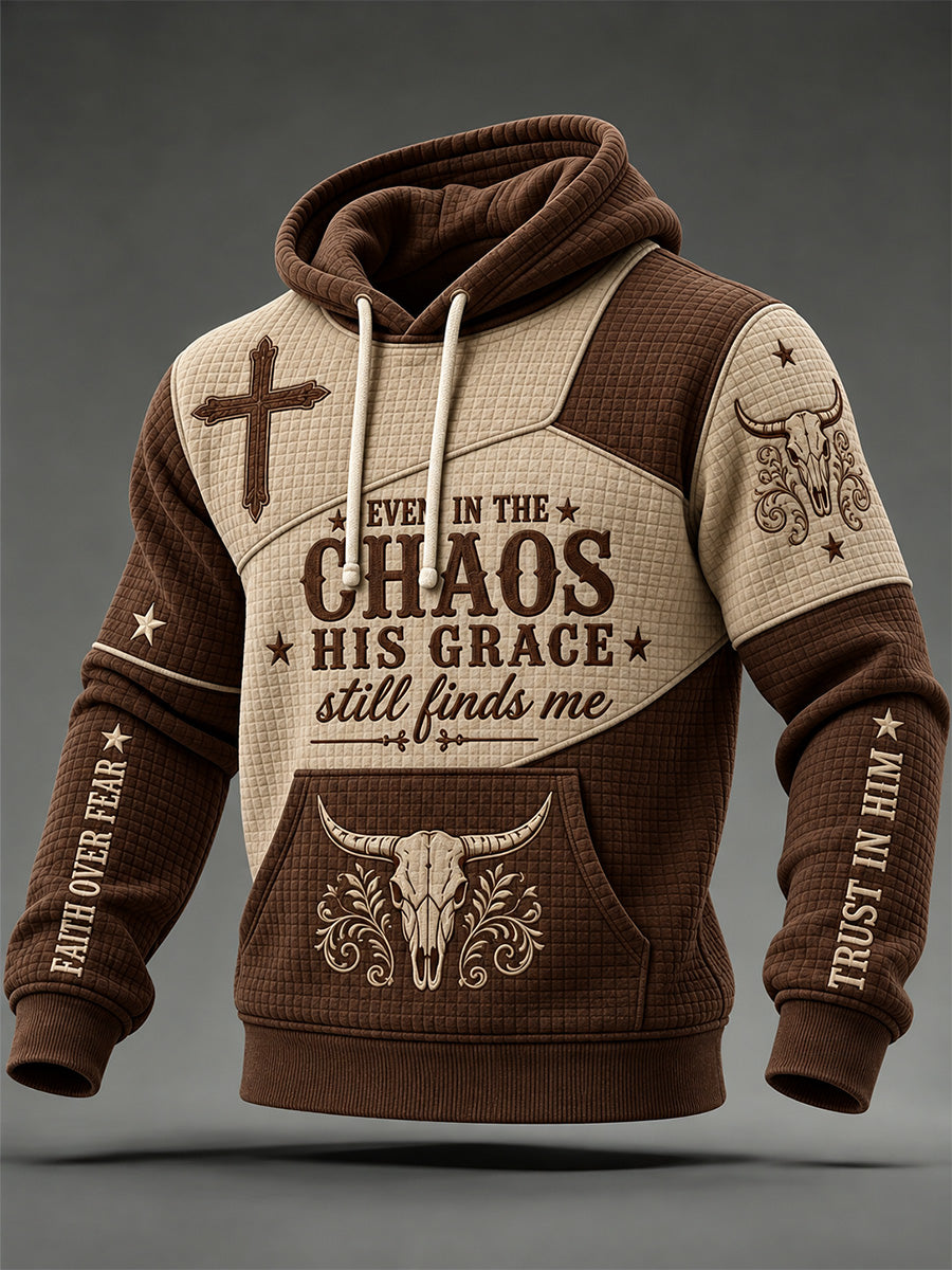 Men's Even In The Chaos His Grace Still Finds Me Color-block Print Checkered Cotton Hoodie